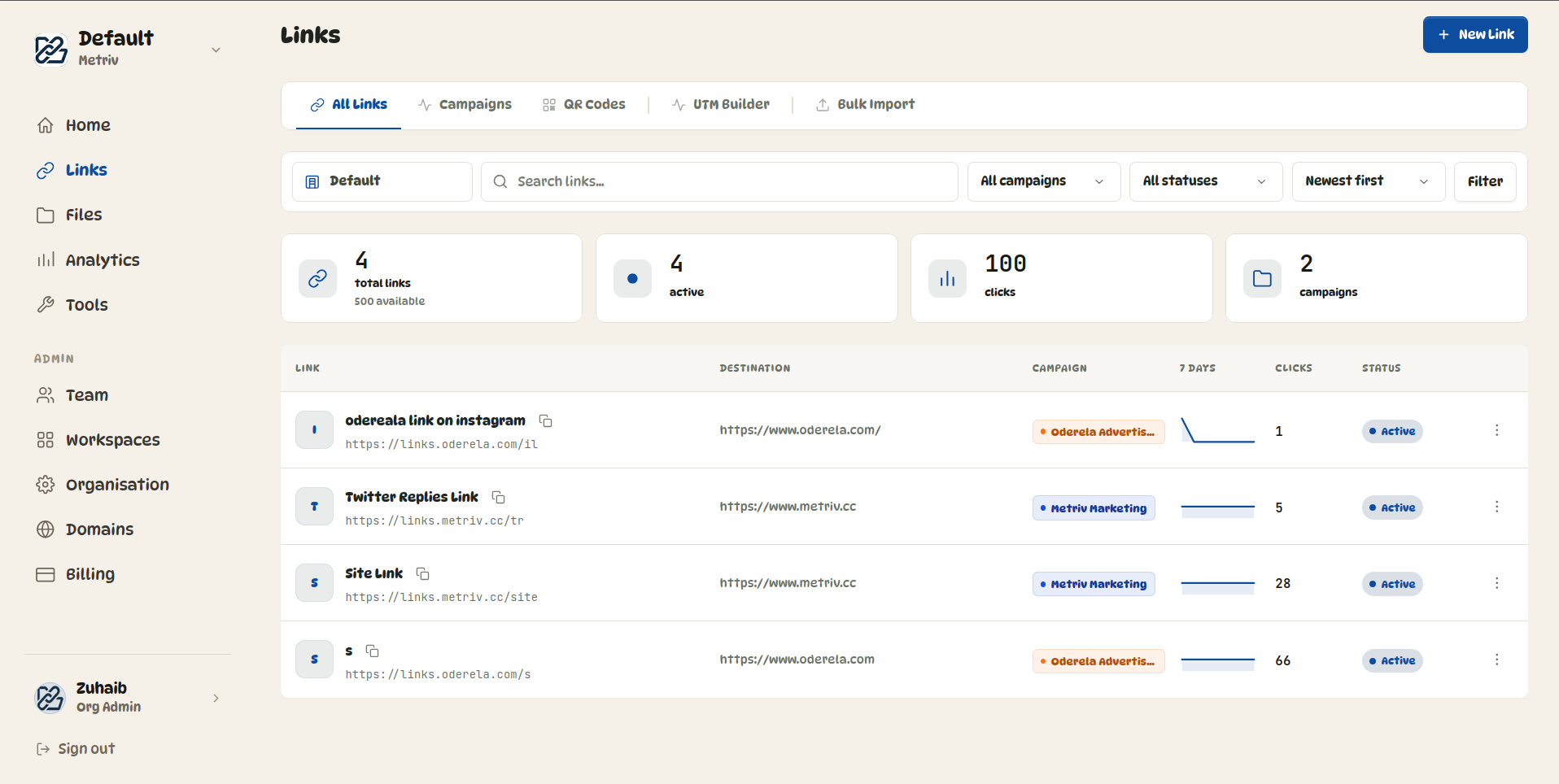 Create and manage links in Metriv